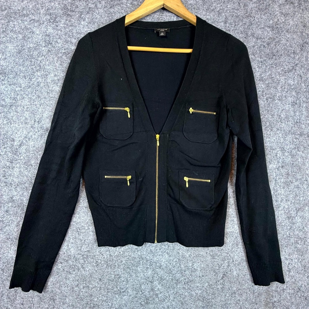 Ann Taylor Cardigan Sweater Women SP Black Gold Cotton Stretch Ribbed Full Zip
